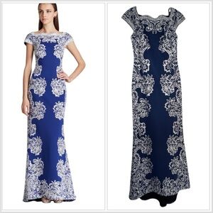 TADASHI SHOJI Cap Sleeve Lace Gown - Cap Sleeve Lace Blue White Gown Size S